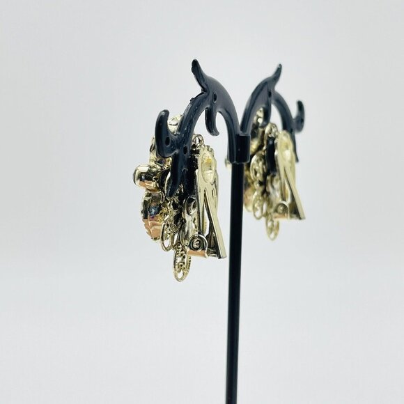 Filigree Faux Pearl Earrings Clip On Aurora Borealis Beads Gold Tone Glam Bling - Picture 8 of 10